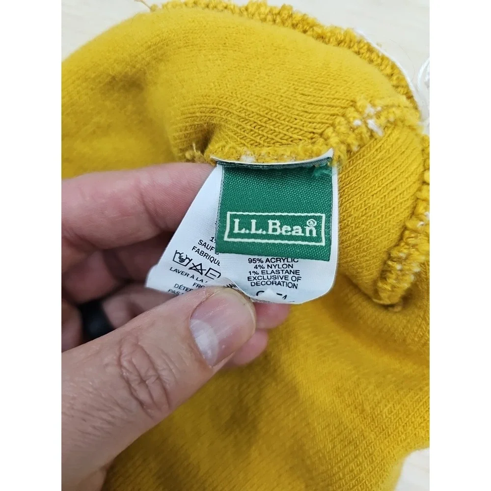Vtg L.L.Bean Beanie Solid Knit Pompom Mustard Yellow Spell Out ‎ 511849